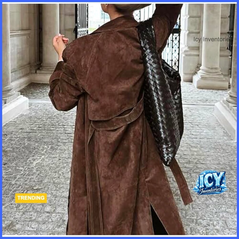 Faux Suede Long Trench Coat Notched Lapel Double Breasted Pea Coat with Belt - Picture 2 of 7